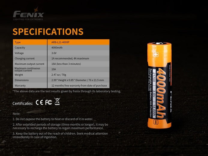 Fenix ARB-L21-4000P 21700 high-draw rechargeable 4000mAh Li-ion battery for powerful LED flashlights and high-performance devices