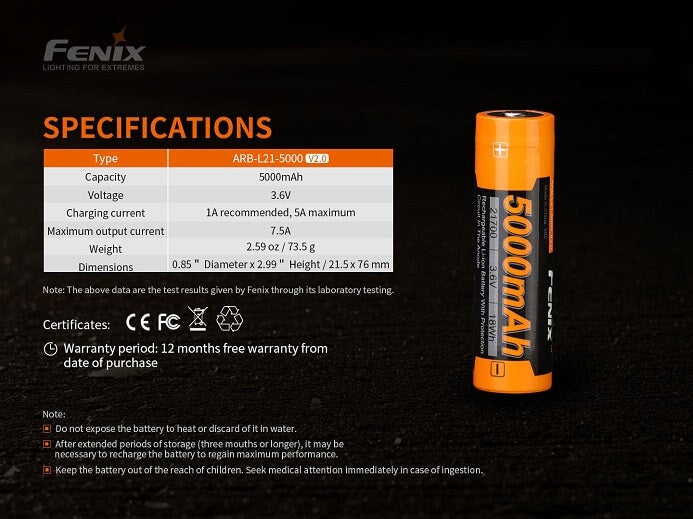 Fenix ARB-L21-5000 V2.0 Li-ion Rechargeable 21700 Battery Rechargeable Batteries Fenix
