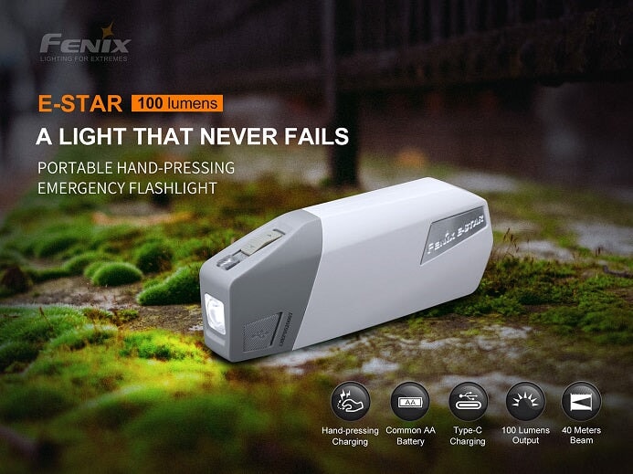 Fenix E-Star self-powered rechargeable LED emergency flashlight with 100 lumens brightness for travel, camping, and power outage use