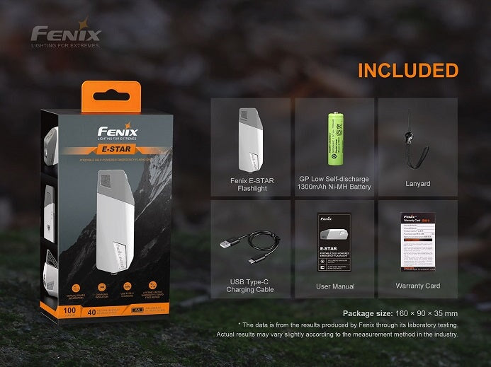 Fenix E-Star self-powered rechargeable LED emergency flashlight with 100 lumens brightness for travel, camping, and power outage use