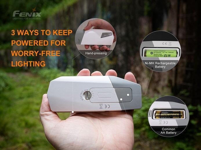 Fenix E-Star self-powered rechargeable LED emergency flashlight with 100 lumens brightness for travel, camping, and power outage use