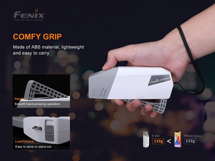 Fenix E-Star self-powered rechargeable LED emergency flashlight with 100 lumens brightness for travel, camping, and power outage use