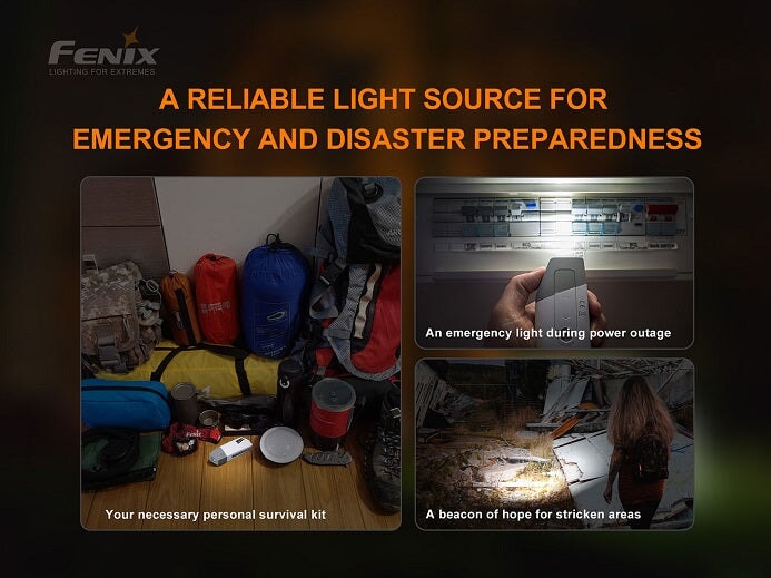 Fenix E-Star self-powered rechargeable LED emergency flashlight with 100 lumens brightness for travel, camping, and power outage use