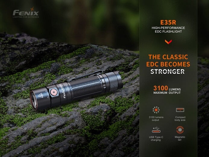 Fenix E35R rechargeable high-performance EDC flashlight with 3100 lumens brightness for outdoor, professional, and everyday lighting