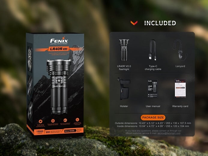 Fenix LR40R V2.0 rechargeable LED flashlight with 15,000 lumens brightness for search, rescue, and outdoor professional applications
