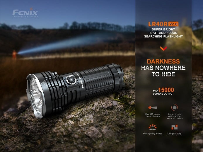 Fenix LR40R V2.0 rechargeable LED flashlight with 15,000 lumens brightness for search, rescue, and outdoor professional applications