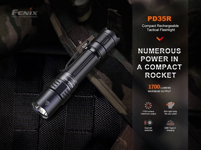 Fenix PD35R compact rechargeable tactical LED flashlight with 1700 lumens brightness for law enforcement, work, and outdoor use