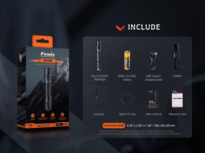 Fenix PD35R compact rechargeable tactical LED flashlight with 1700 lumens brightness for law enforcement, work, and outdoor use