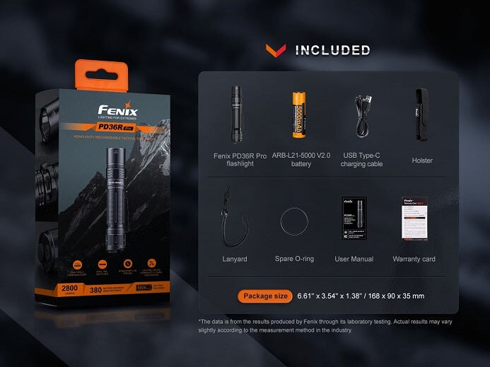 Fenix PD36R Pro heavy-duty rechargeable tactical LED flashlight with 2800 lumens brightness for law enforcement and outdoor lighting