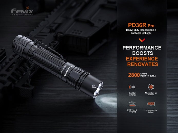 Fenix PD36R Pro heavy-duty rechargeable tactical LED flashlight with 2800 lumens brightness for law enforcement and outdoor lighting