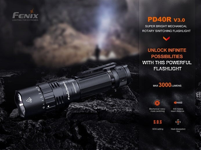 Fenix PD40R V3.0 rechargeable flashlight with 3000 lumens brightness and rotary switch control for tactical and professional lighting