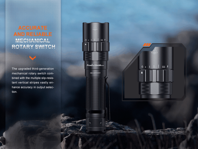 Fenix PD40R V3.0 rechargeable flashlight with 3000 lumens brightness and rotary switch control for tactical and professional lighting