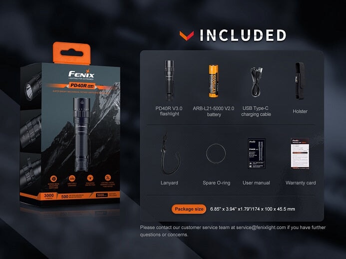 Fenix PD40R V3.0 rechargeable flashlight with 3000 lumens brightness and rotary switch control for tactical and professional lighting