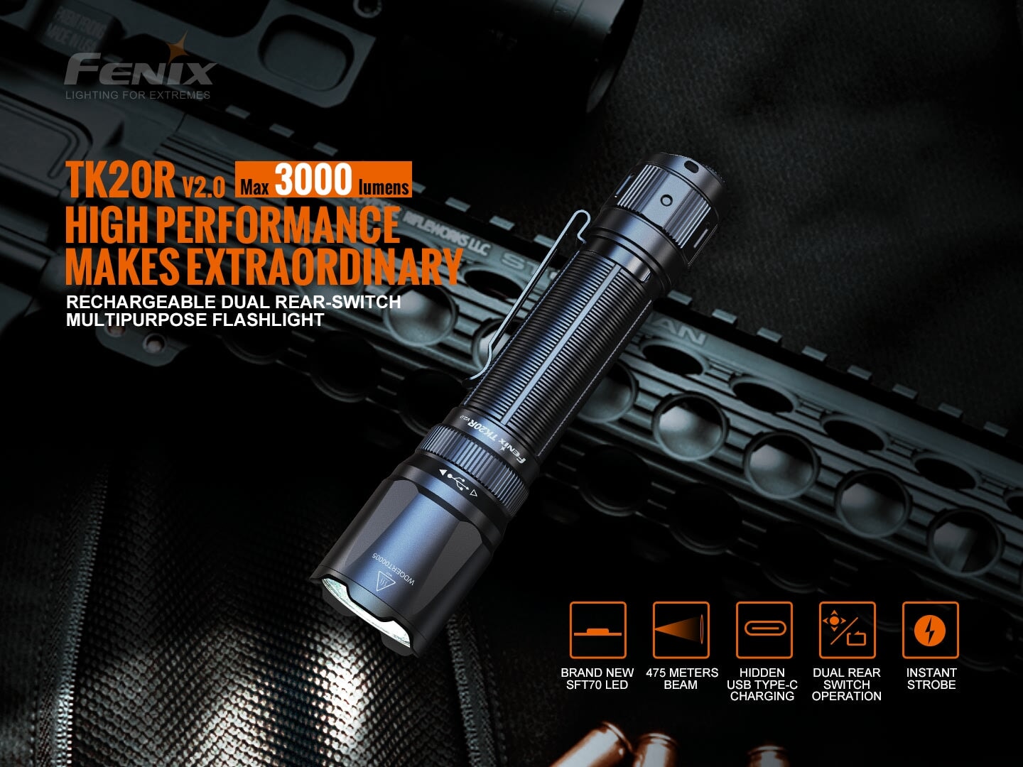 Fenix TK20R V2.0 Rechargeable Dual Rear Switch Multipurpose Flashlight