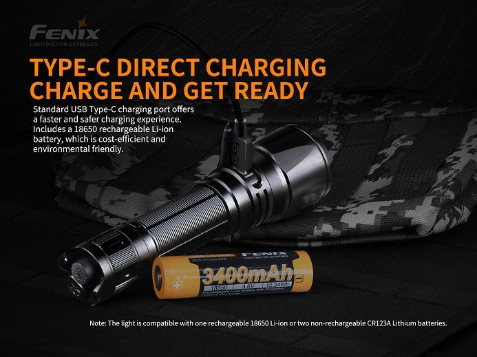 Fenix TK26R rechargeable tactical LED flashlight with 1500 lumens brightness and red, green, and white light outputs for hunting and duty use