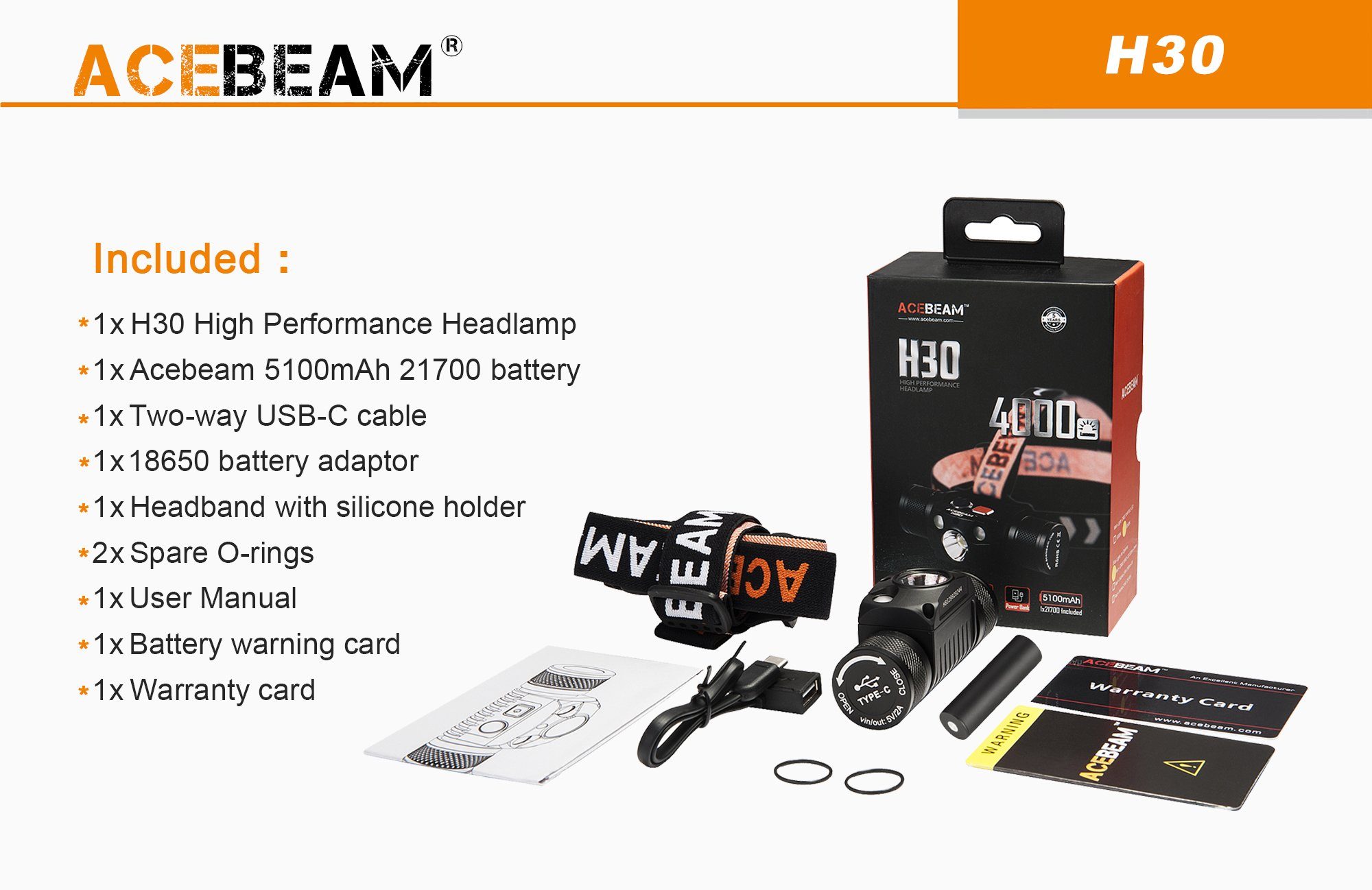Acebeam H30 rechargeable LED headlamp with 4000 lumens brightness and red & green light modes for hunting, camping, and outdoor adventures