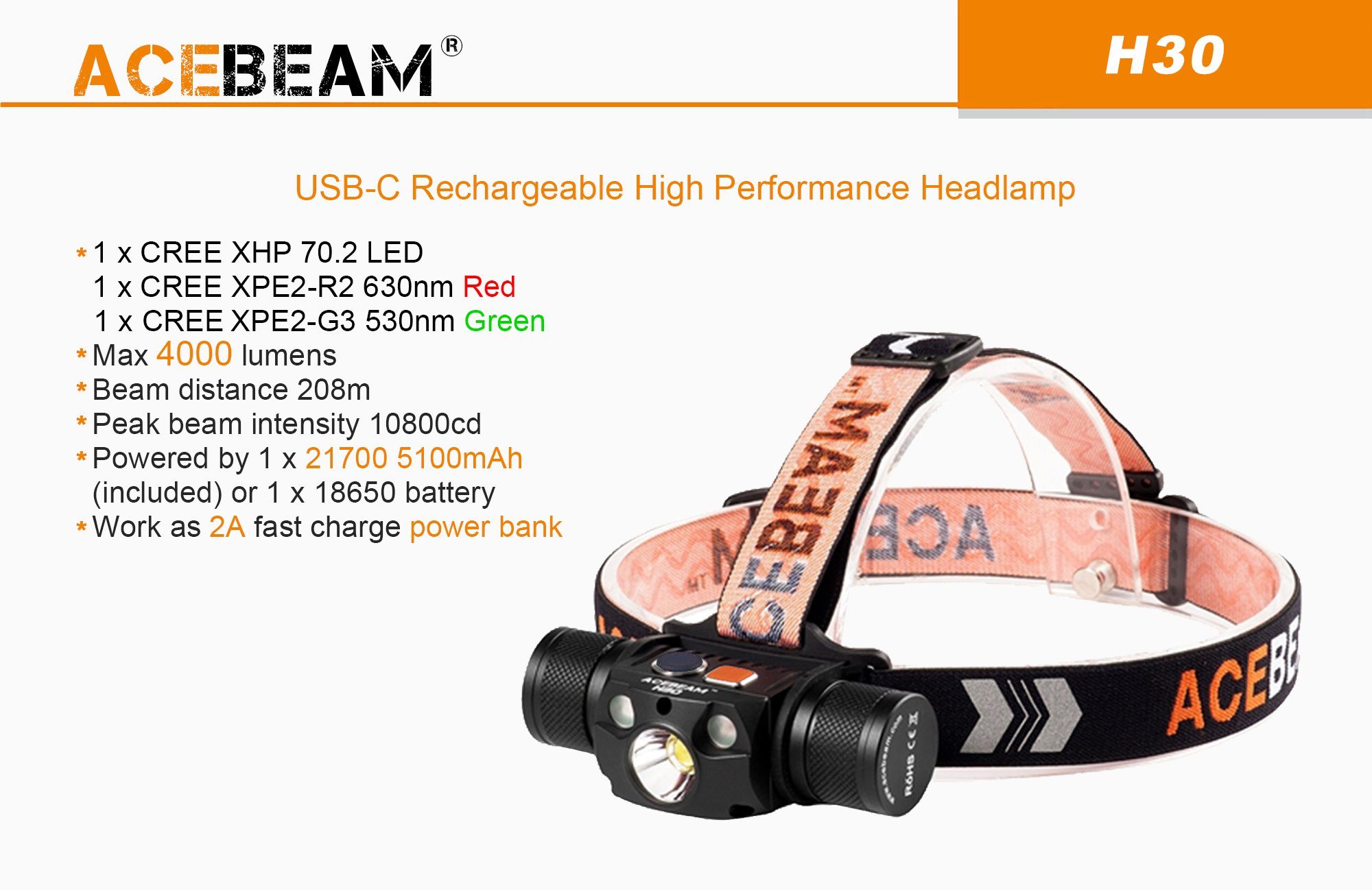 Acebeam H30 rechargeable LED headlamp with 4000 lumens brightness and red & green light modes for hunting, camping, and outdoor adventures