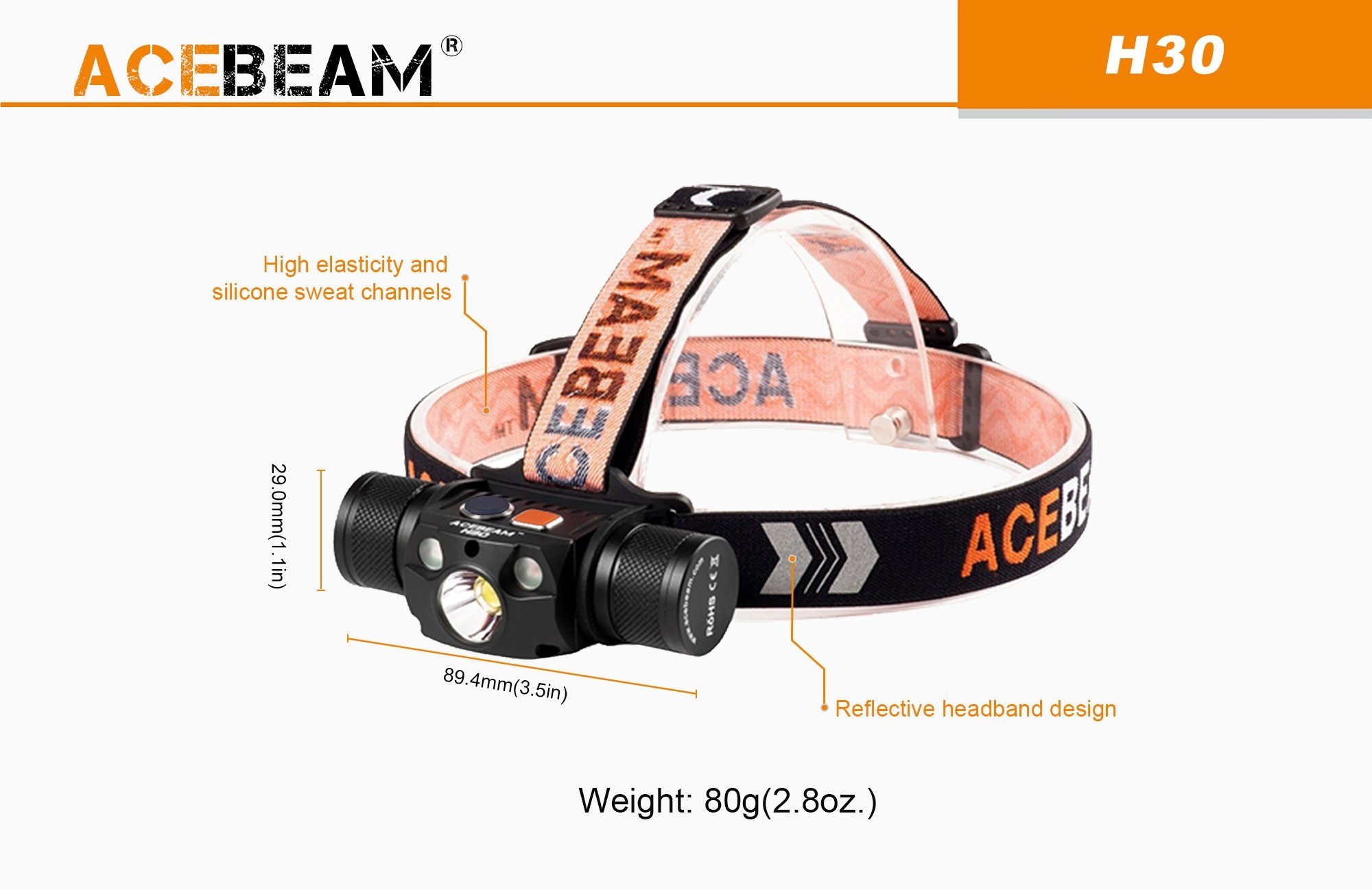 Acebeam H30 rechargeable LED headlamp with 4000 lumens brightness and red & green light modes for hunting, camping, and outdoor adventures