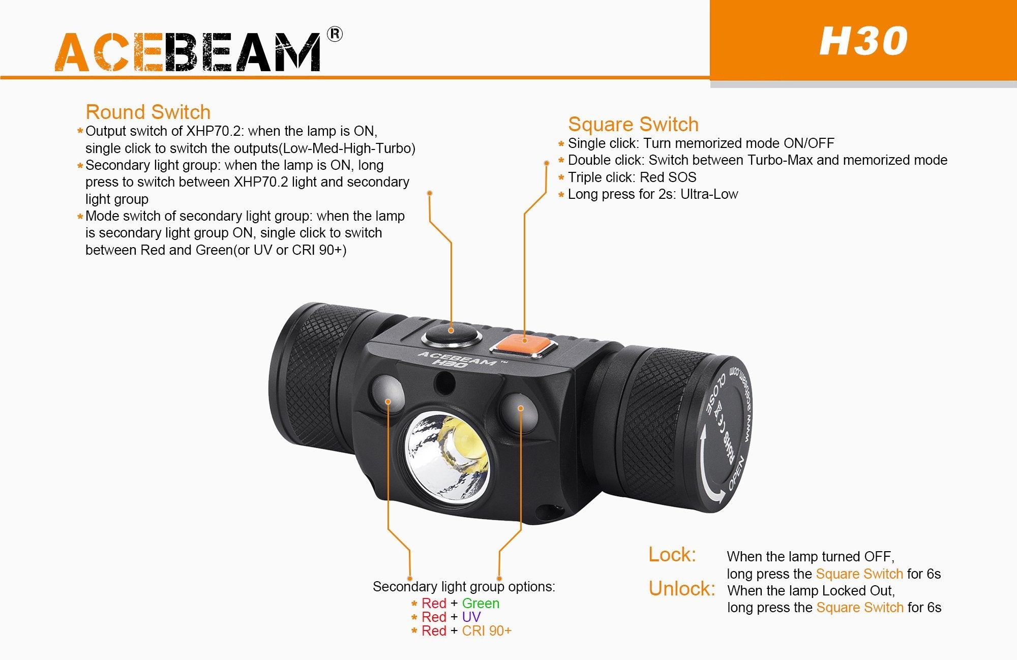 Acebeam H30 rechargeable LED headlamp with 4000 lumens brightness and red & green light modes for hunting, camping, and outdoor adventures