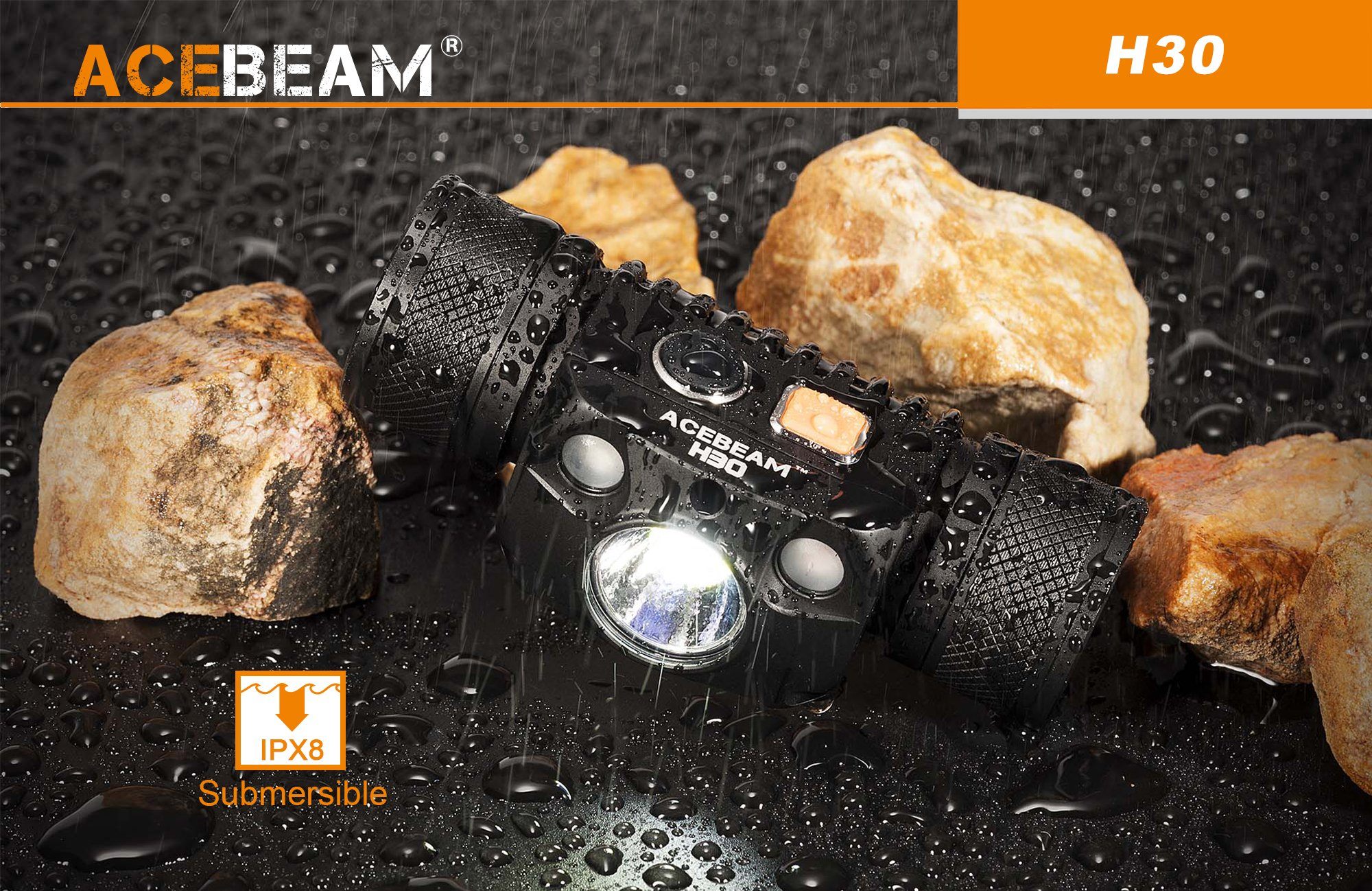 Acebeam H30 rechargeable LED headlamp with 4000 lumens brightness and red & green light modes for hunting, camping, and outdoor adventures