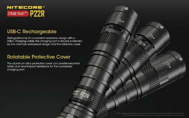 Nitecore P22R USB-C rechargeable strobe-ready tactical LED flashlight with 1800 lumens brightness for law enforcement and defense use