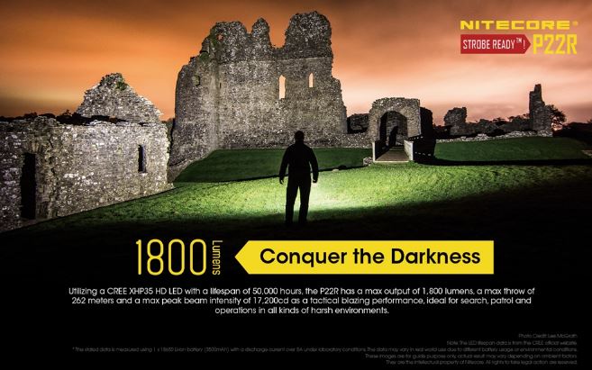 Nitecore P22R USB-C rechargeable strobe-ready tactical LED flashlight with 1800 lumens brightness for law enforcement and defense use