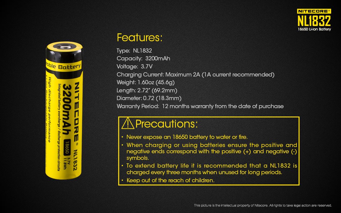 Nitecore NL1832 18650 Li-ion rechargeable 3200mAh battery for flashlights, headlamps, and portable electronic devices