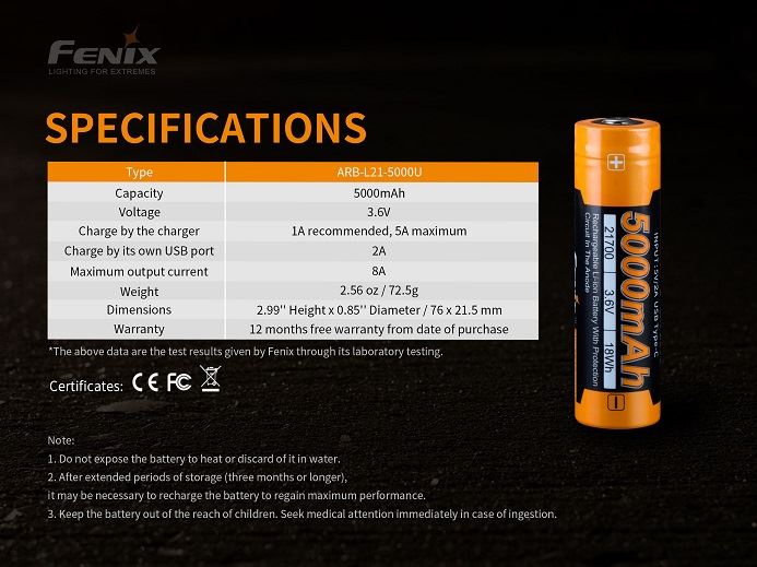 Fenix ARB-L21-5000U 21700 Li-ion 5000mAh USB-C rechargeable battery for flashlights, headlamps, and high-drain electronic devices