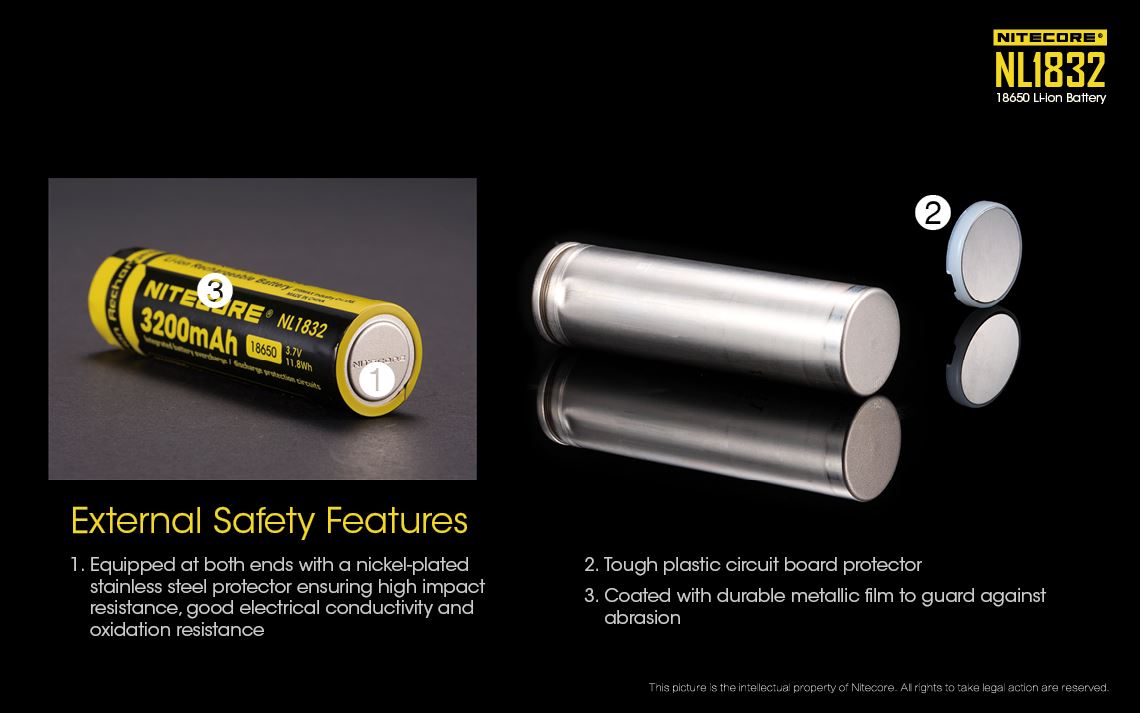 Nitecore NL1832 18650 Li-ion rechargeable 3200mAh battery for flashlights, headlamps, and portable electronic devices