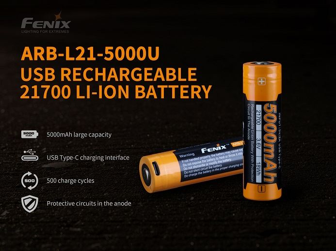 Fenix ARB-L21-5000U 21700 Li-ion 5000mAh USB-C rechargeable battery for flashlights, headlamps, and high-drain electronic devices