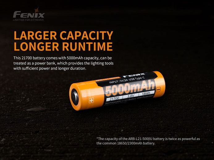 Fenix ARB-L21-5000U 21700 Li-ion 5000mAh USB-C rechargeable battery for flashlights, headlamps, and high-drain electronic devices