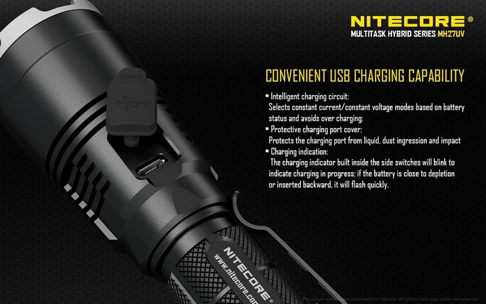 Nitecore MH27UV 1000 Lumens USB Rechargeable LED Flashlight W/ Red, Blue, And Ultraviolet LED Flashlight Nitecore