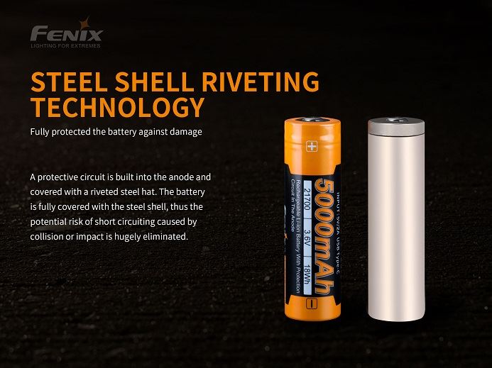 Fenix ARB-L21-5000U 21700 Li-ion 5000mAh USB-C rechargeable battery for flashlights, headlamps, and high-drain electronic devices