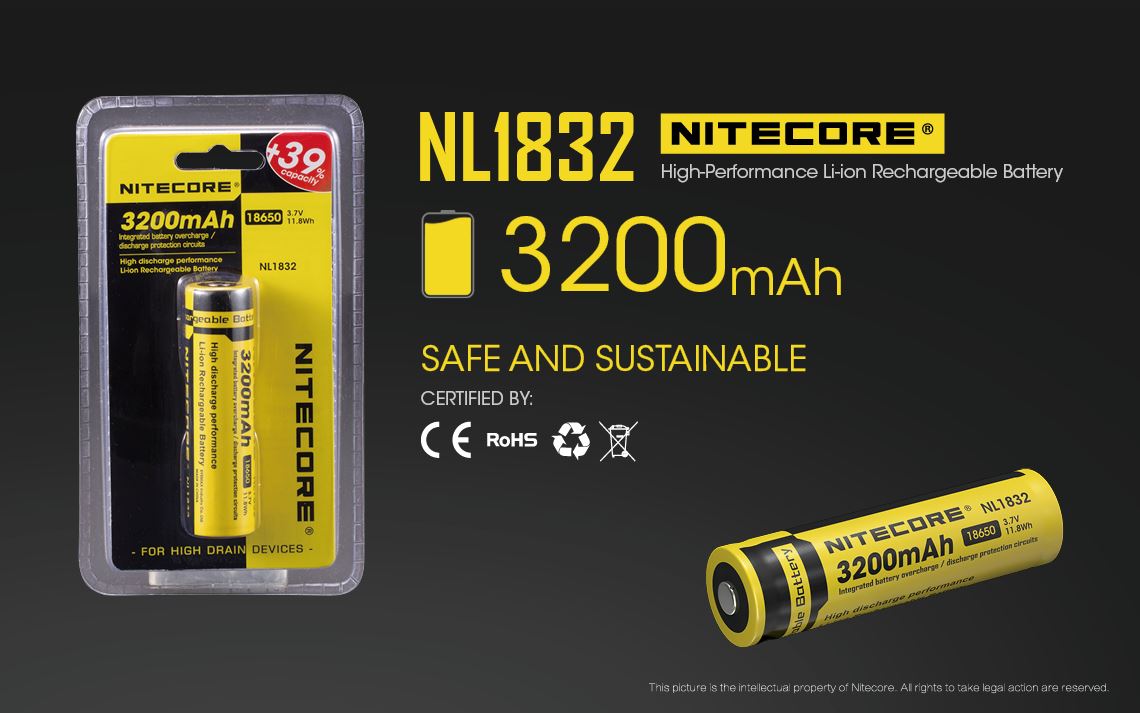 Nitecore NL1832 18650 Li-ion rechargeable 3200mAh battery for flashlights, headlamps, and portable electronic devices
