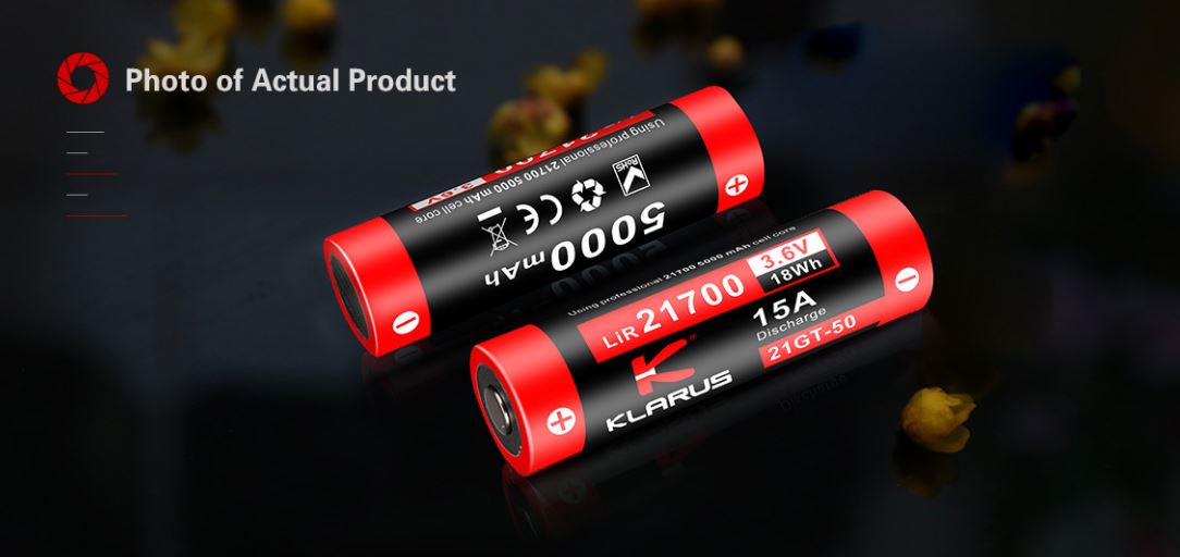 Klarus 21GT-50 21700 5000mAh rechargeable Li-ion battery for flashlights, headlamps, and other high-performance electronic devices