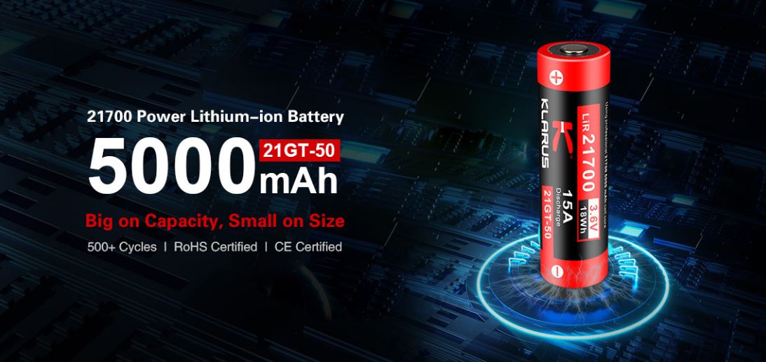 Klarus 21GT-50 21700 5000mAh rechargeable Li-ion battery for flashlights, headlamps, and other high-performance electronic devices