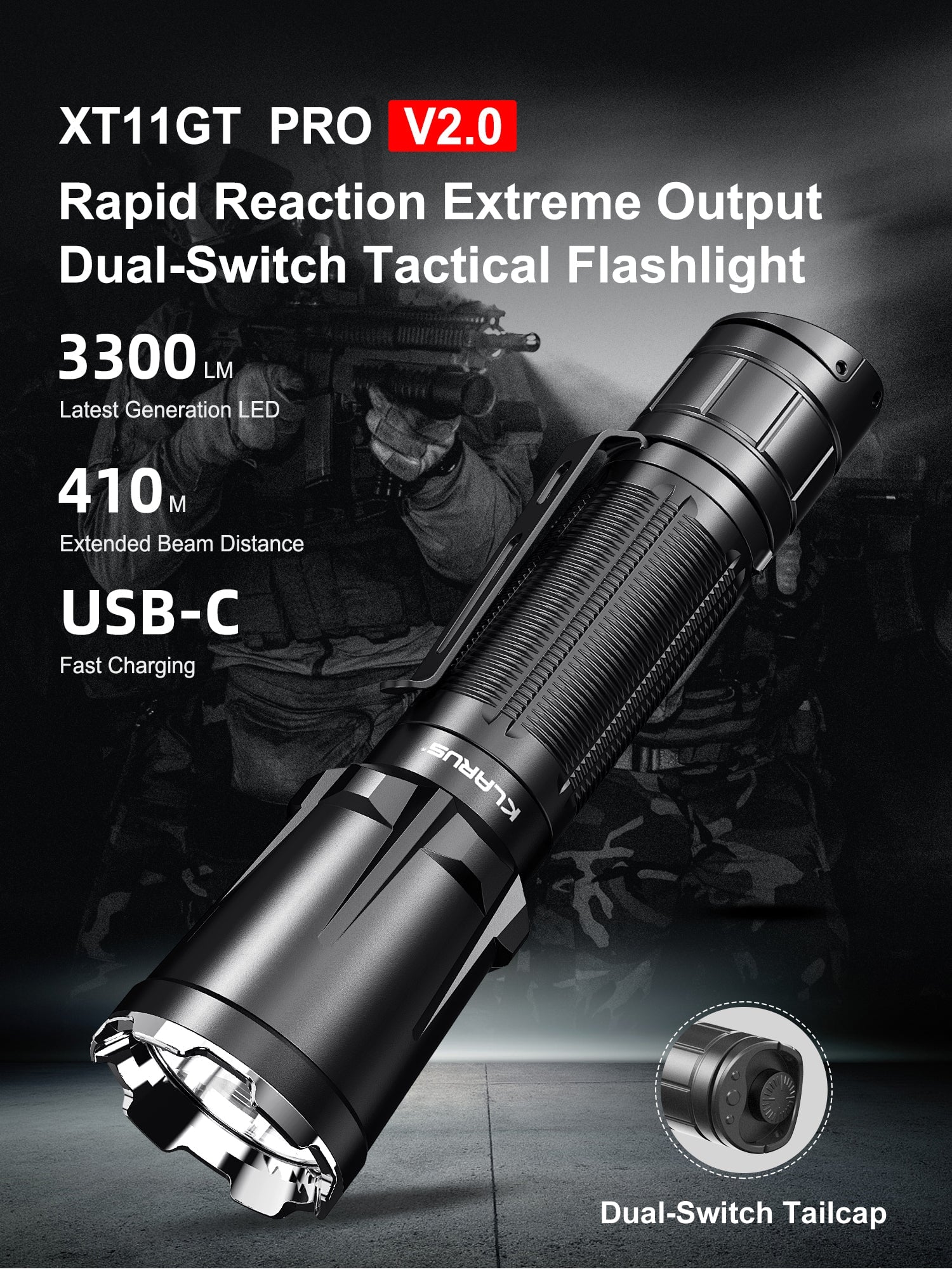 Klarus Xt11GT Pro v2.0 Tactical Flashlight - 3300 Lumens Flashlight Klarus