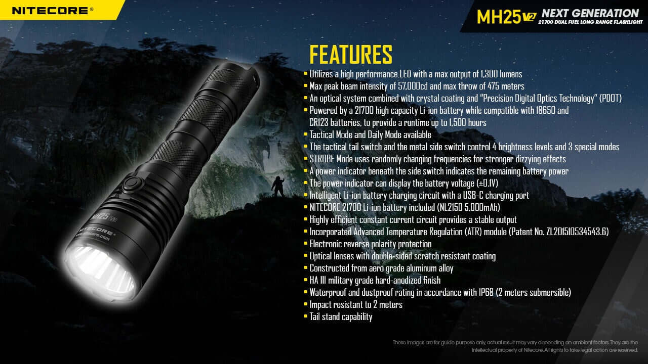 Nitecore MH25 v2 1300 Lumen Tactical Flashlight, USB-C Rechargeable