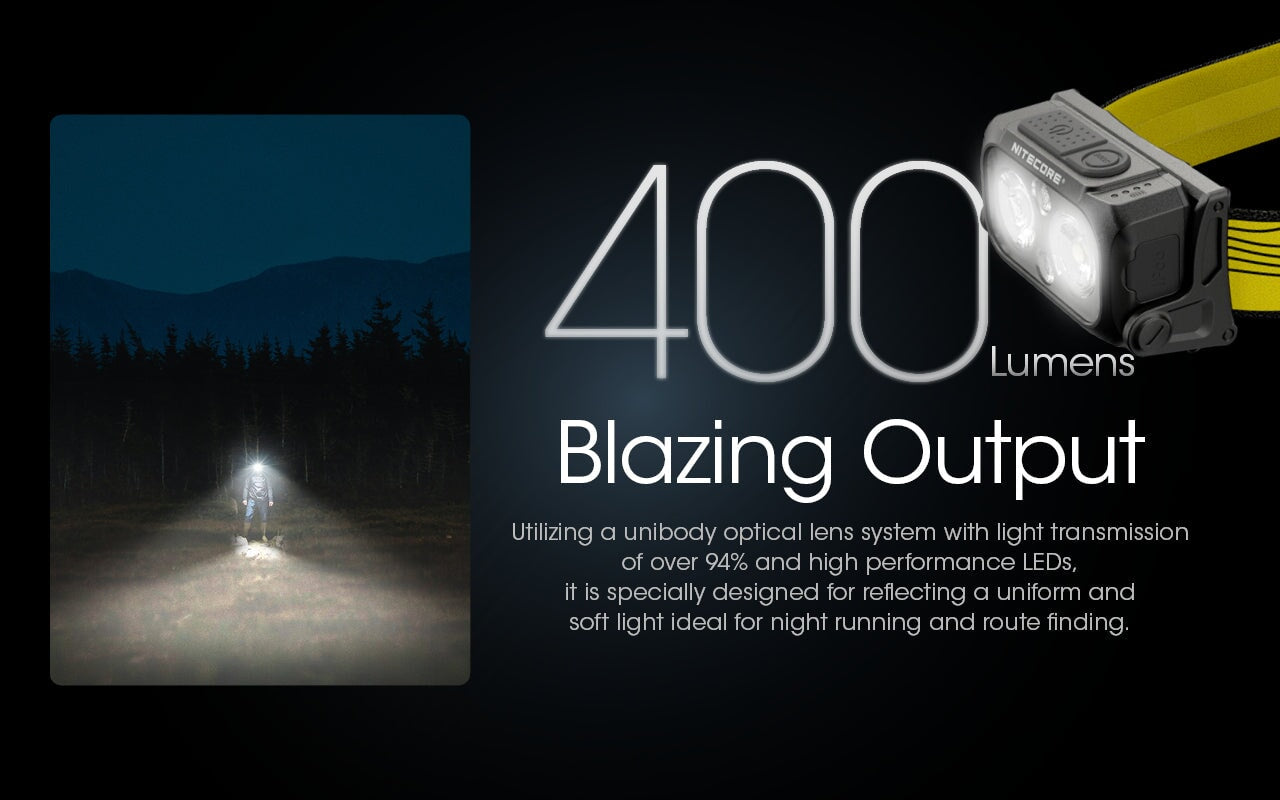Nitecore NU25 ultralight rechargeable LED headlamp with 400 lumens brightness for running, hiking, and outdoor adventures