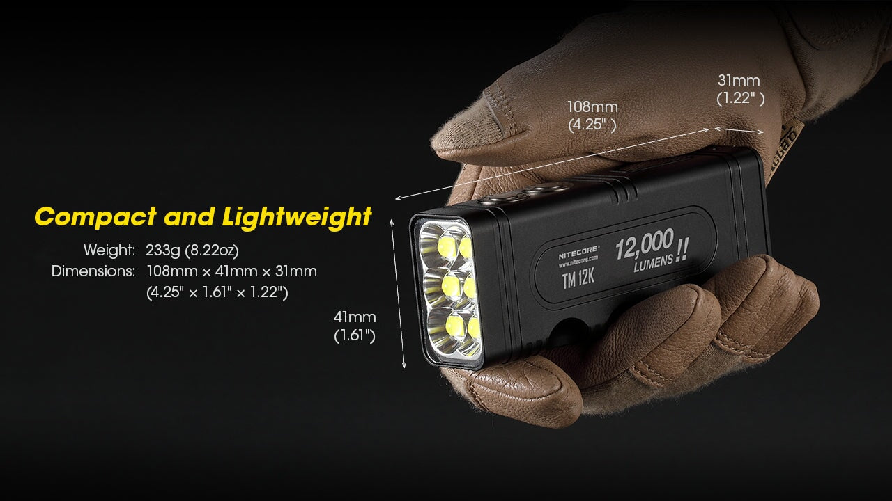 Nitecore TM12K rechargeable handheld LED flashlight with 12,000 lumens brightness for tactical, search, and professional lighting applications