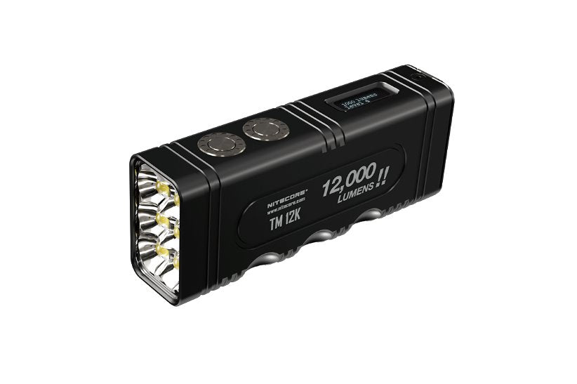 Nitecore TM12K rechargeable handheld LED flashlight with 12,000 lumens brightness for tactical, search, and professional lighting applications
