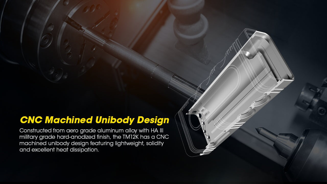 Nitecore TM12K rechargeable handheld LED flashlight with 12,000 lumens brightness for tactical, search, and professional lighting applications