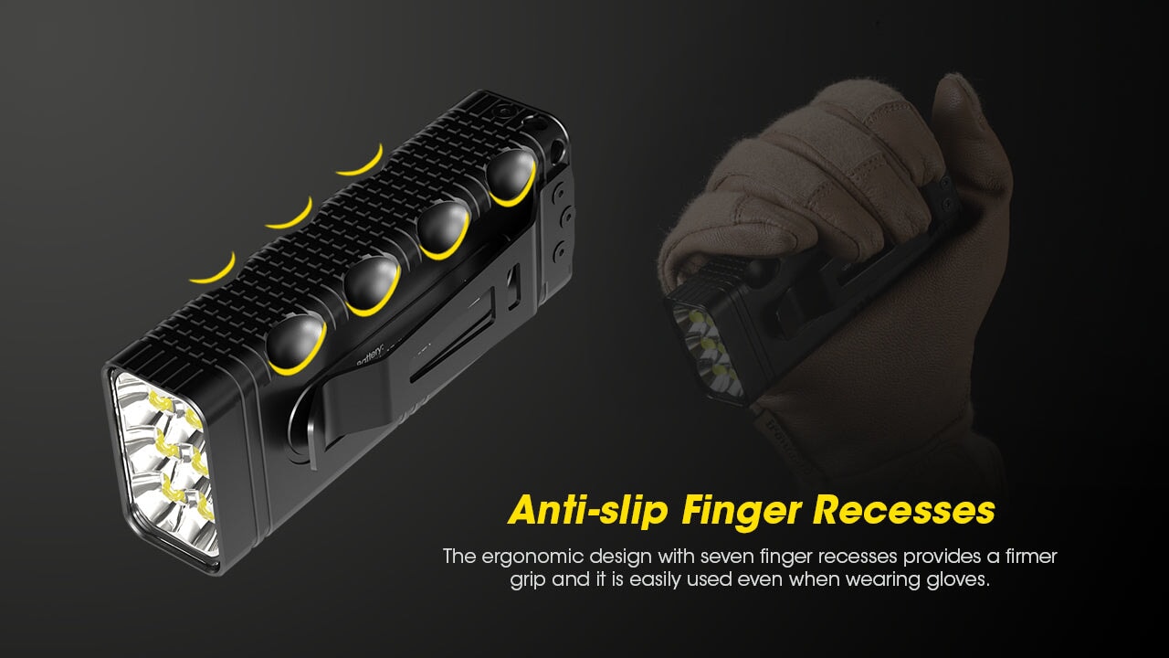 Nitecore TM12K rechargeable handheld LED flashlight with 12,000 lumens brightness for tactical, search, and professional lighting applications