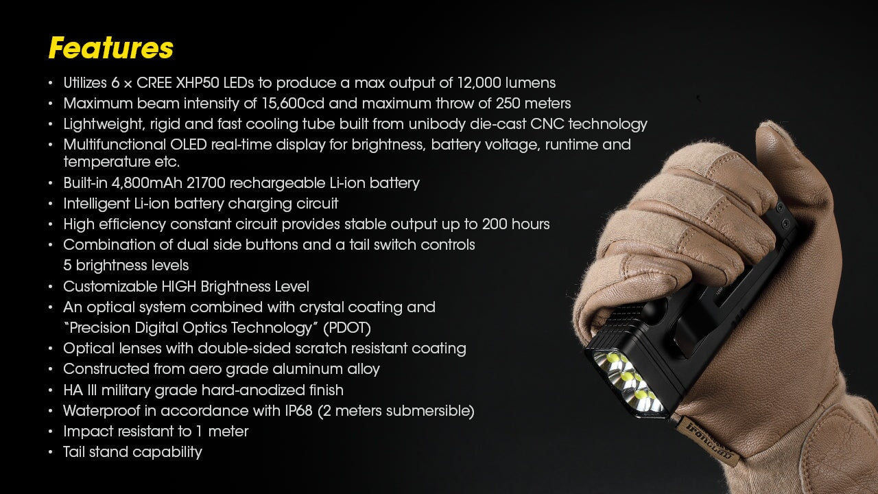 Nitecore TM12K rechargeable handheld LED flashlight with 12,000 lumens brightness for tactical, search, and professional lighting applications