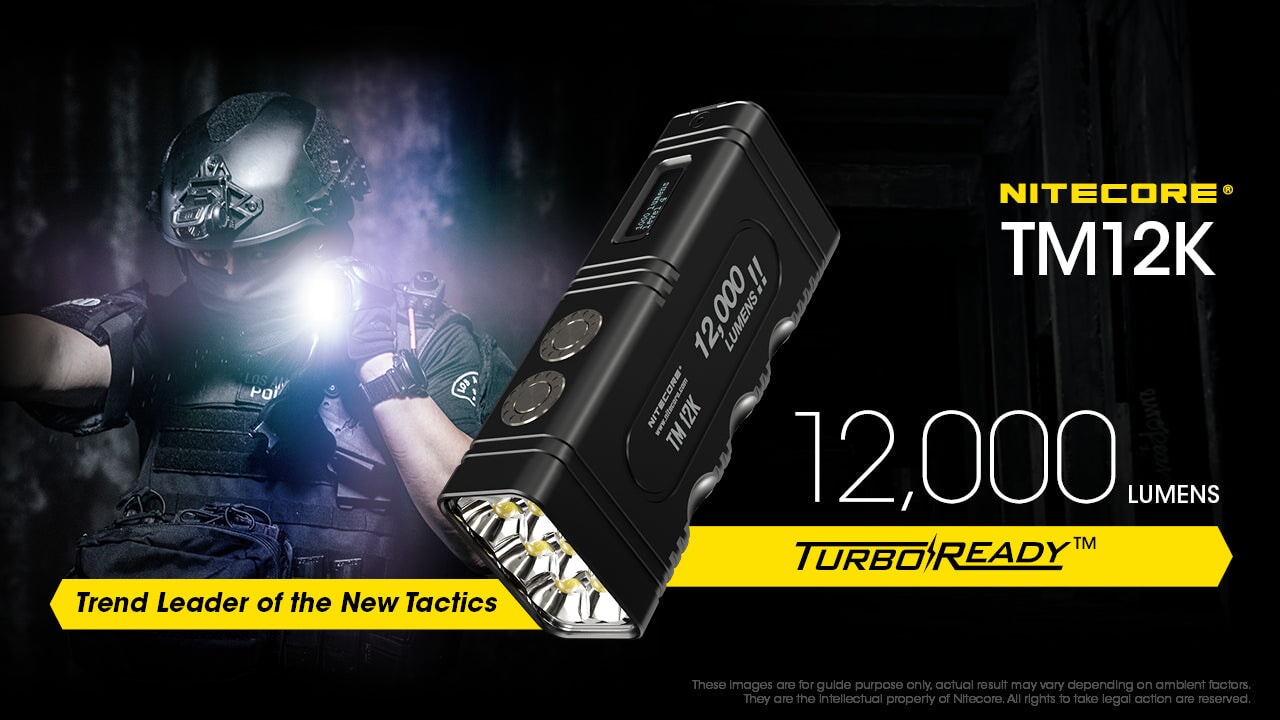 Nitecore TM12K rechargeable handheld LED flashlight with 12,000 lumens brightness for tactical, search, and professional lighting applications