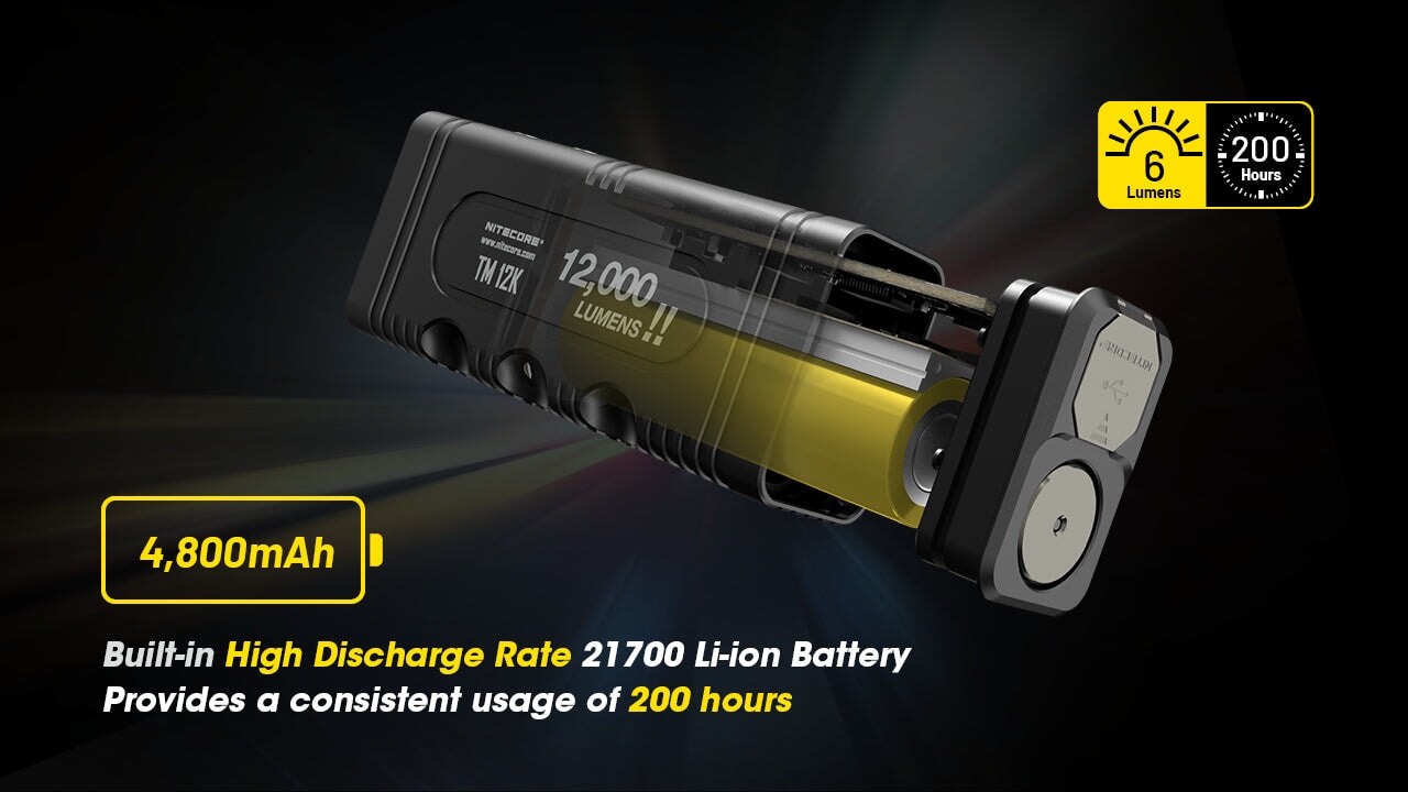Nitecore TM12K rechargeable handheld LED flashlight with 12,000 lumens brightness for tactical, search, and professional lighting applications