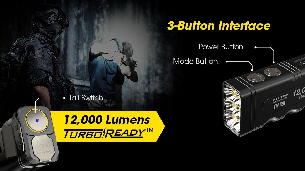 Nitecore TM12K rechargeable handheld LED flashlight with 12,000 lumens brightness for tactical, search, and professional lighting applications