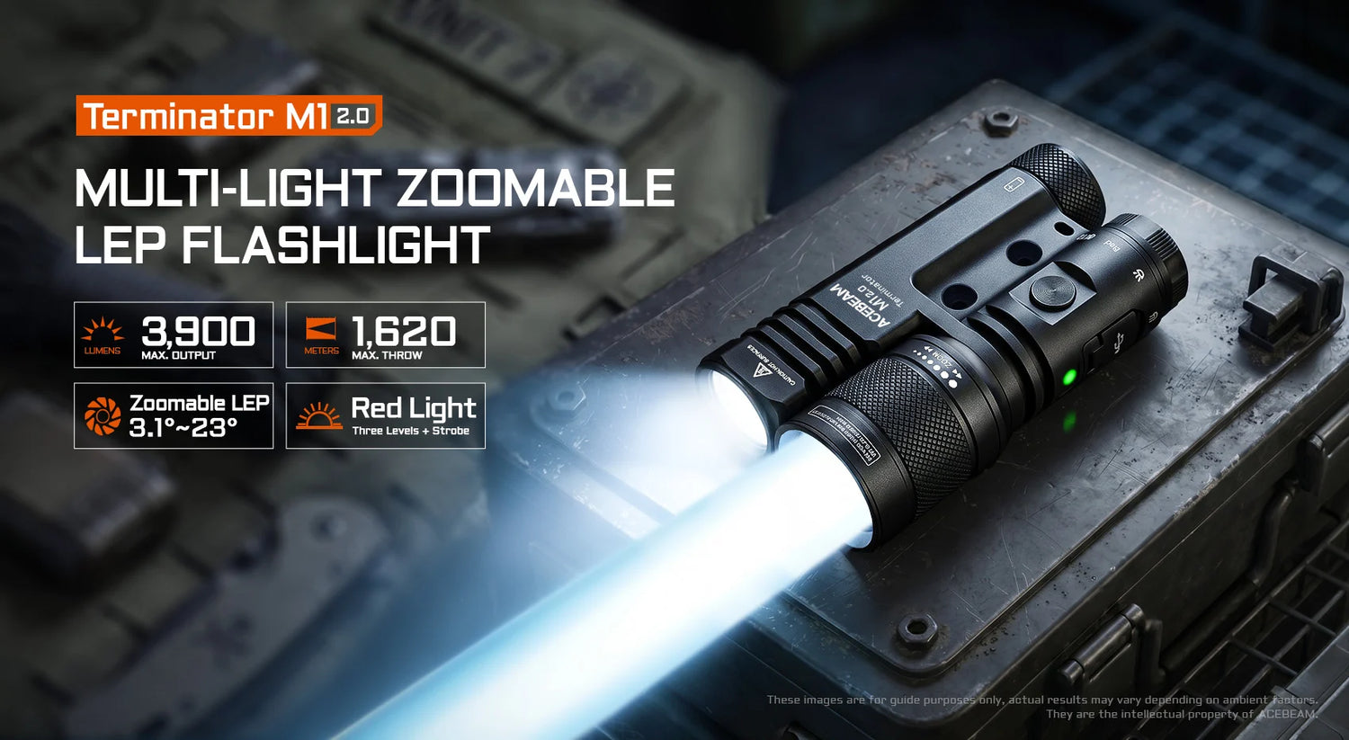 Acebeam Terminator M1 2.0 – Dual Head Zoomable LEP + LED Flashlight with Red Light **Will ship around August 16th***