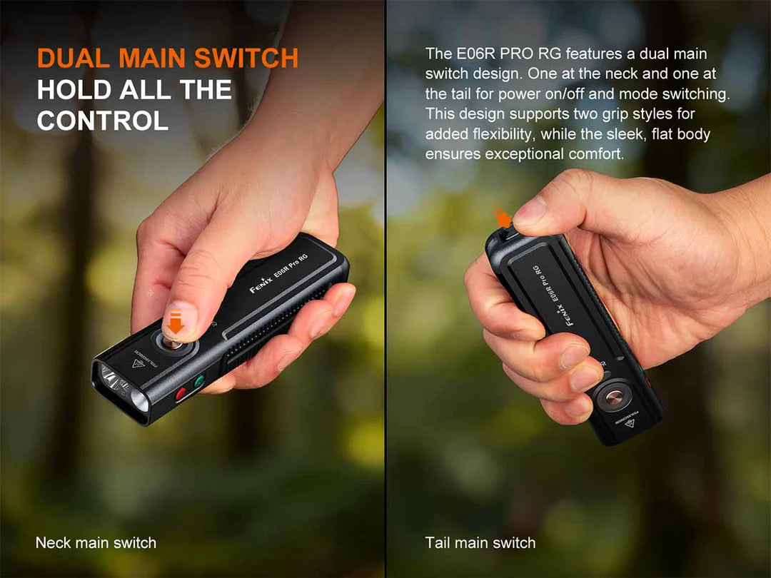 “Fenix E06R Pro RG flat EDC flashlight – rechargeable compact multi-mode torch with options”