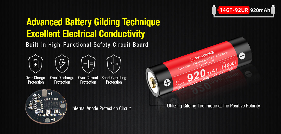 “Klarus 14500 920mAh Micro-USB rechargeable Li-ion battery for flashlights”